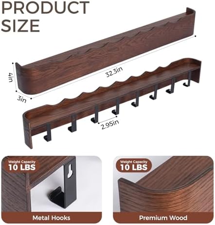 Coat Rack Wall Mount with Shelf Entryway Shelf Modern Key Holder Hanger Wall Shelves with Hidden Hooks for Hanging Towels Coats Hats Bags for Hallway Bathroom Bedroom(Wavy Walnut Color, 8 Hooks) - Image 2