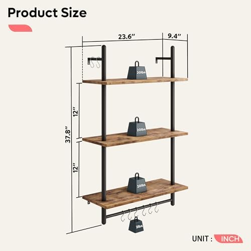 Bestier 24 Inch 3 Tier Industrial Pipe Shelves with Towel Bar, Rustic Brown - Image 2