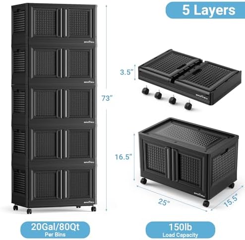 BROVIEW 500 Qt Stackable Storage Bins with Lids & Doors, 5 Pack Plastic Closet Organizer and Storage Drawers with Wheels, Large Collapsible Storage Boxes, Cabinet for Home, Office, V10, Black - Image 2