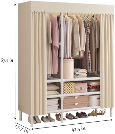 Portable Closet with Cover 43.3"x17.7"x65.7" Wardrobe Closet Pale Yellow - Image 3