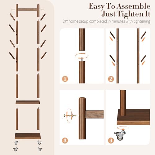 Yoobure Solid Wood Coat Rack Freestanding - Rolling Clothes Rack with 8 Hooks & Shelves, Small Clothing Rack with Wheels, Heavy Duty Clothing Racks for Hanging Clothes, Portable Hall Tree for Entryway - Image 6
