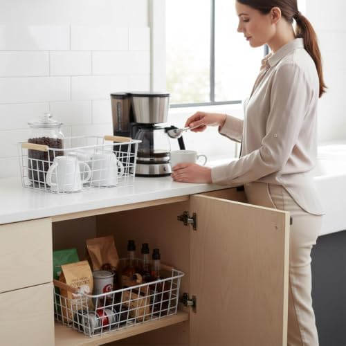 LeleCAT White Wire Baskets for Organizing with Handles，Pantry Organizers and Storage For Kitchen, Household Snack Basket for Cabinets, Closets, Bedrooms,food - Set of 4(White) - Image 4