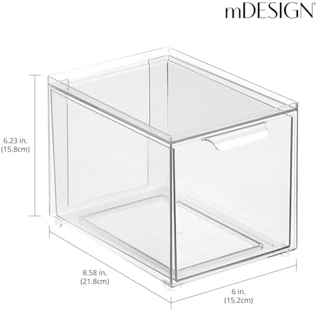 mDesign Plastic Bathroom Organizer Bin w/Pull Out Drawer - Slim Stackable Storage Container for Bathroom Accessories - Perfect for Organizing Bathroom Cabinet - Lumiere Collection - 2 Pack - Clear - Image 3