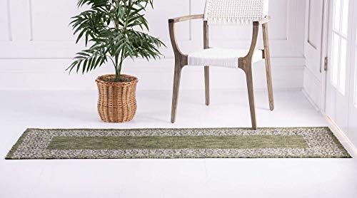 Unique Loom Outdoor Border Collection Area Rug - Floral Border (2' x 6' 1" Runner, Green/ Ivory) - Image 2