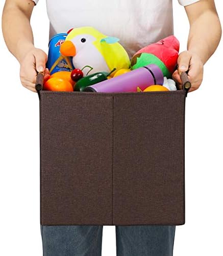 HOONEX Collapsible Storage Bins, 13x13x13 Inches Storage Cubes Linen Fabric, 3 Pack, Storage Baskets with Wooden Carry Handles and Sturdy Heavy Cardboard, for Home, Office, Car, Nursery, Brown - Image 7