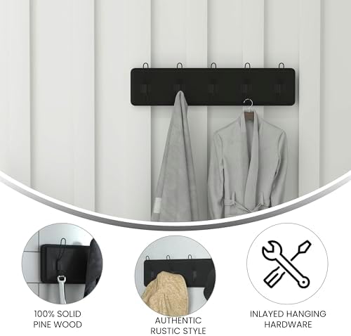 Merrick Lane Enid Hanging Storage Rack - Black Pine Wood - 24 Inch Wide - 5 Hanging Hooks - Wall Mounting Hardware Included - Image 4