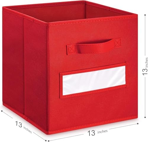 13x13x13 storage cube bins(Set of 10) Fabric storage cubes with 10 Labels Window Cards & a Pen, storage cubes 13x13, Collapsible 13 inch cube storage bins, Cubby Organizer Boxes, Red - Image 2