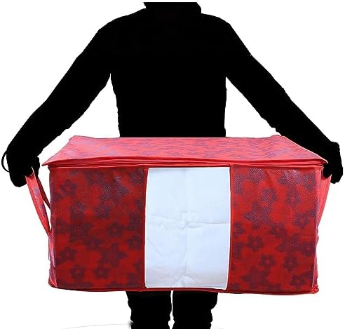 Kuber Industries Foldable Underbed Storage Bag|Organizer For Clothes Large|Non-Woven Comforter, Blanket Cover|Metalic Print & Side Handle|Pack of 9 (Red) - Image 5