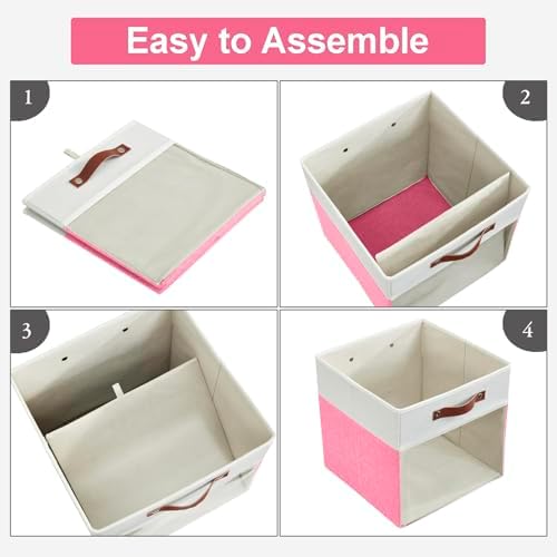 Bagnizer Storage Cubes, 4 Pack Linen Foldable Storage Bins with Clear Window and 2 Handles, 13x15x13 Storage Cube Bins for Shelf Closet, Kallax, Clothes, Books - (Pink / Off-White) - Image 6