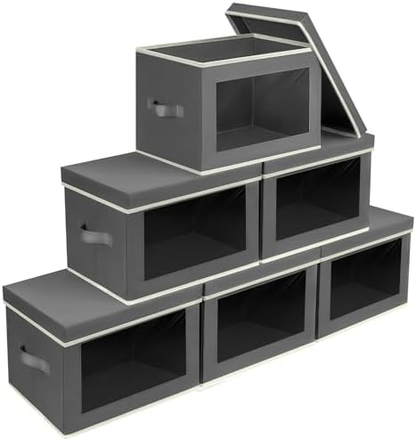 Homsorout Stackable Storage Bins with Lids - Large Storage Box with Lids, Foldable Closet Boxes for Organizing, Wardrobe Clothes Organizer with Window, Cubes Bins for Living Room, 6 Pack, Dark Grey by Homsorout