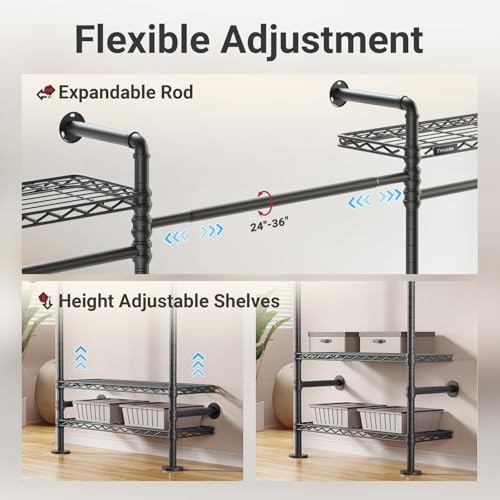 Timate F3 Garment Rack Heavy Duty Clothes Rack for Hanging Clothes, Expandable Industrial Pipe Wall Mounted Clothing Racks, Adjustable Storage Wardrobe Closet Kit Walk in Closet Systems, Black - Image 6