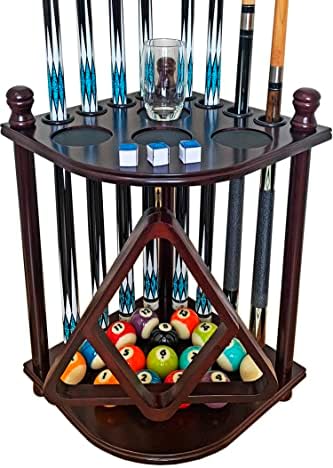Pool Cue Rack Hold up to 8 Sticks & Billiard Accessories. Floor Stand Pool Cue Stick Holder Made of 100% Solid Hardwood.(Traditional Mahogany) by GACCOBILLIARDS
