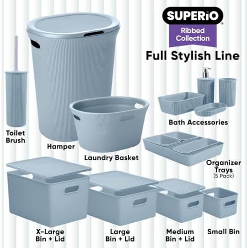 Superio Ribbed Collection - Decorative Plastic Basket Open Home Storage Bins Organizer, Blue Containers for Organizing Closet Storage Bins for Shelves (Bin with Lid- Extra Large (22 Liter), 2 Pack) - Image 6