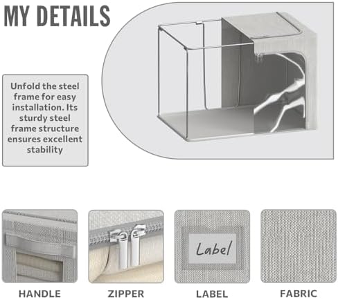 4 Pack Clothes Storage Bins with Metal Frame - 66L Stackable Storage Box with Lid，Foldable Storage Container Organizer for Clothes，Linen Fabric Storage Box with Clear Window＆Zippers＆Handles - Image 3