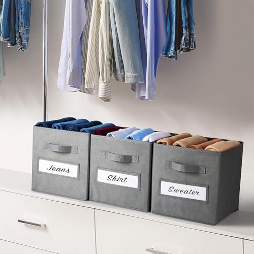 13x13x13 storage cube bins (Set of 10) Fabric storage cubes with 10 Labels Window Cards & a Pen, storage cubes 13x13, Collapsible 13 inch cube storage bins, Cubby Organizer Boxes, Gray - Image 6