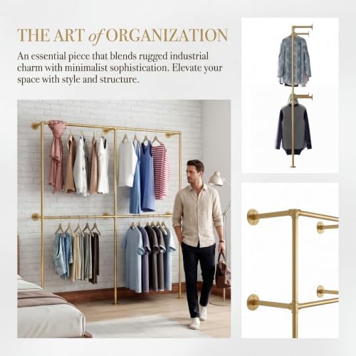 Gold Pipe Clothing Racks Wall Mount Gold Clothes Rack, Heavy Duty Industrial Pipe Clothes Racks Retail Display Hanging Rod for Closet Storage, Laundry Room - Image 3