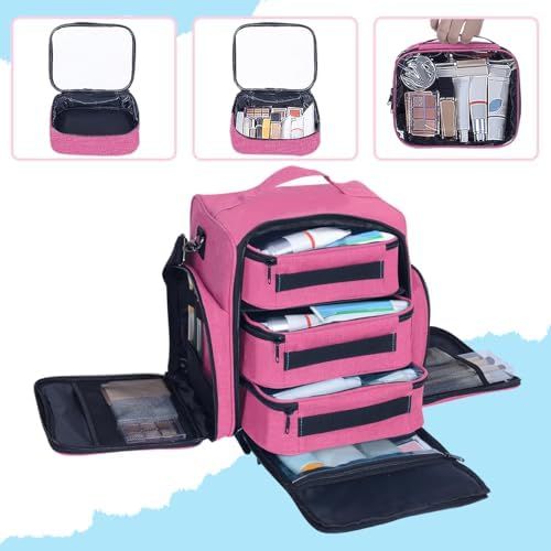 Large Makeup Bag Organizer with 3 Inner Removable Pouches,Rose Red - Image 4