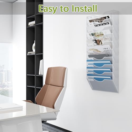 EasyPAG 10 Pocket Mesh Wall File Organizer, Hanging Paper Folder Holder with Classify Label, Vertical Wall Mount Mail Organizer for Office Home Classroom, White - Image 6