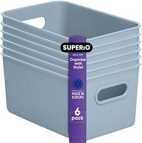 Superio Ribbed Collection - Decorative Plastic Basket Open Home Storage Bins Organizer, Medium Blue (6 Pack) Container Boxes for Organizing Closet Storage Bins for Shelves Drawer Shelf 5 Liter by Superio
