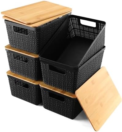 EOENVIVS Storage Bins with Lids 6 Packs, Plastic Storage Baskets with Bamboo Lids-Stackable Storage Containers for Shelves Drawers Desktop Closet Pantry Playroom Classroom Office, Black by EasyCozyHomey