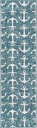 Unique Loom Outdoor Coastal Collection Area Rug - Ahoy (2'x 8' Runner, Teal/ Ivory) by UniqueLoom