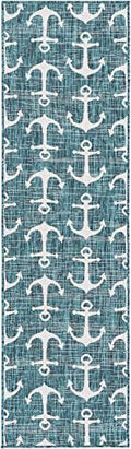 Unique Loom Outdoor Coastal Collection Area Rug - Ahoy (2'x 8' Runner, Teal/ Ivory) by UniqueLoom