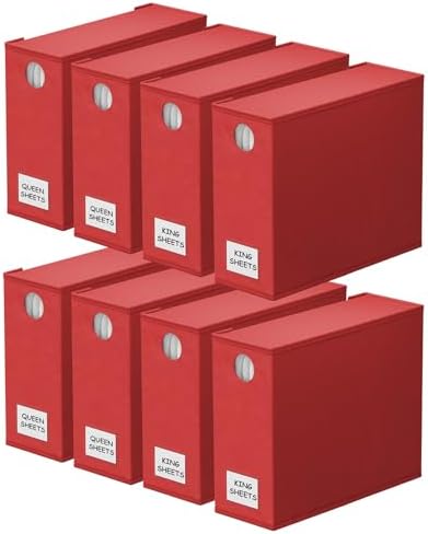 SpaceAid 8 Pack Bed Sheet Organizers and Storage, Foldable Sheet Organizer for Linen Closet, Sheets Set Folder Keeper with Window XL (Queen & King Size) Bedding Container (Red, 8 Pack) by SpaceAid