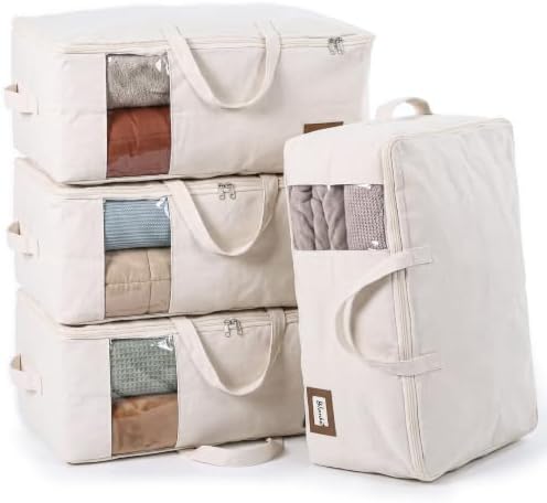 Cotton Canvas Storage Bags for King/Queen Comforters, Bedding, 4Pack, Beige by Vailando