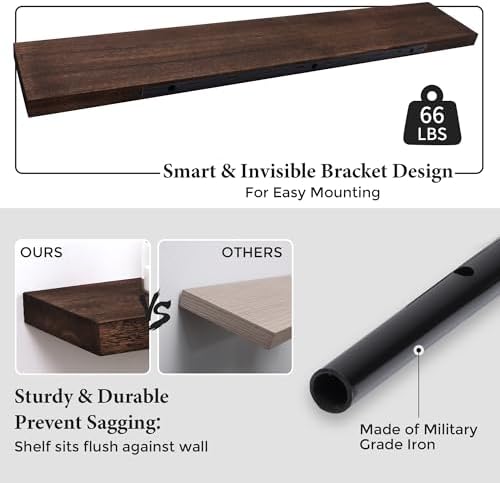 Axeman Floating Shelves, 8 Inch Deep Rustic Solid Wood Wall Shelves for Storage, Wall Mounted Display Shelving with Invisible Heavy-Duty Metal Bracket, 48" W x 8" D x 1.6" H, Rustic Brown - Image 4