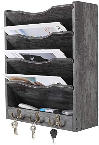 PAG-Mass 5-Tier Wall File Holder Hanging Mail Organizer Wood Magazine Literature Rack with 6 Hooks, Dark Gray - Image 2