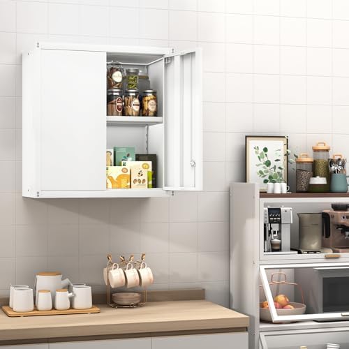 GREATMEET Metal Wall Cabinet, Wall Mounted Storage Cabinet with Lock for Garage Storage, White Floating Cabinet with Doors and Adjustable Shelf for Utility Room - Image 2