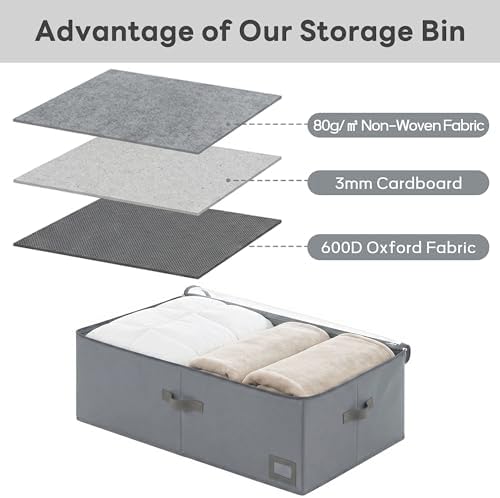 10" High Capacity Under Bed Storage Bins (3-Pack, Charcoal Grey), Deep 600D Heavy Duty Oxford Fabric Organizer Containers with Matching Vegan Leather Handles for Comforters, Pillows & Blankets - Image 4