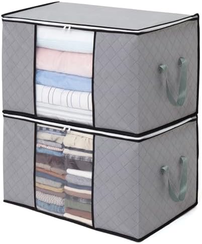 Astro Large Capacity Clothes Storage Bags, 2 Pack Foldable Closet Organizers with Handles, Activated Carbon, Breathable Material, Zipper, Clear Window for Blanket Comforter Clothing Bedding, Grey, 90L by ASTROSTORAGE