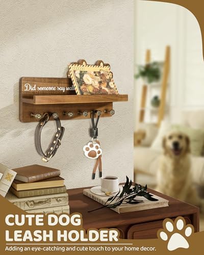 MTERSN Acacia Wood Dog Leash Holder for Wall with Shelf & 6 Hooks, Brown - Image 3
