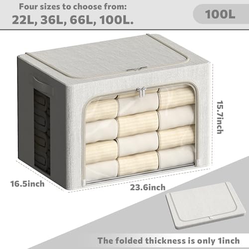 FHSQX 6 Pack Clothes Storage Bins with Metal Frame 100L Foldable Storage Bins for Clothes Linen Fabric Storage Box with Clear Window (Lvory White, 23.6x16.5x15.7inch(100L)) - Image 5