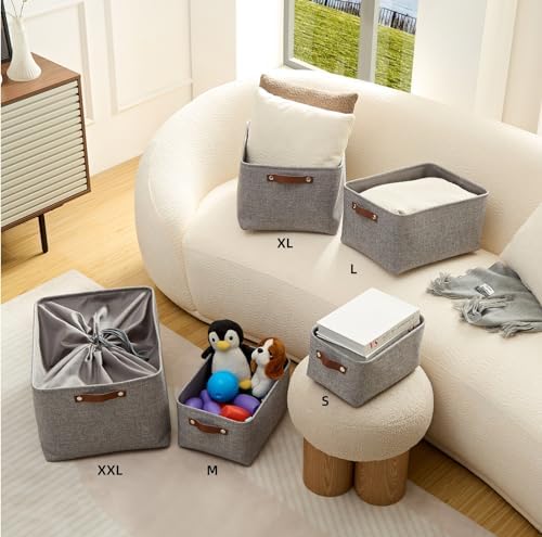Mangata Set of 3 Fabric Storage Boxes, Collapsible Storage Basket Bins for Bedroom, Cupboards, Wardrobe (Grey, Medium) - Image 4