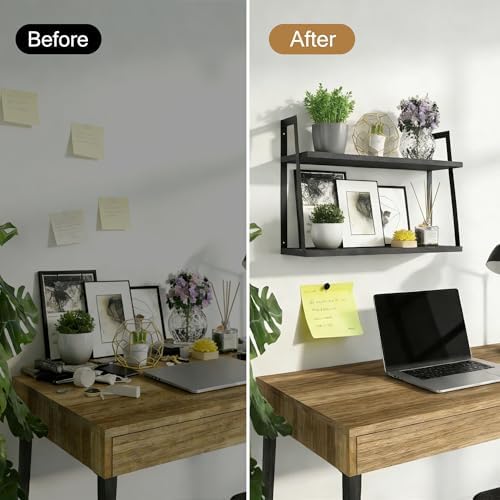 SRIWATANA Black 2-Tier Floating Wall Shelves, Rustic Wood Storage Shelf Set - Image 6