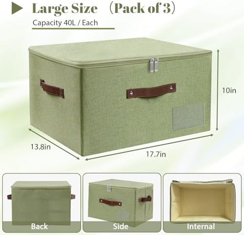 ANMINY Storage Box Fabric Bins with Zipper Lid, 17.7"x13.8"x10" Green, 3PCS - Image 6
