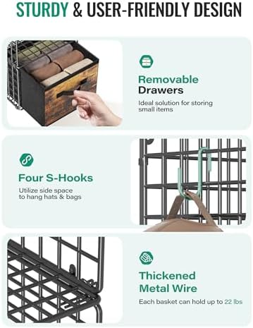 Hanging Closet Organizer with Drawers, 4 Tier Metal Closet Organizers and Storage with 4 Hanging Hooks 4 S-Hooks for Wardrobe Laundry Room, Wire Storage Shelf for Clothes Sweaters Pants (Black) - Image 3