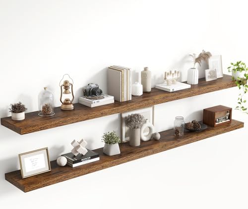Acovy 72 Inch Floating Shelves, 8 Inch Deep Floating Shelves for Wall, Hanging Shelf with Invisible Brackets, Deep Shelves for Bathroom, Bedroom, Living Room, Brown, Set of 2 by Acovy
