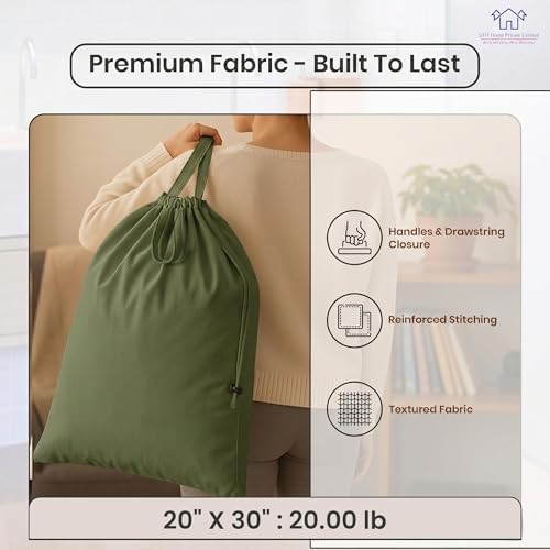 LFH Home Large Premium Cotton Rich Canvas Laundry Bag with Drawstring and Handles Heavy Duty, Multi-Use, and Washable for Home, Travel, College or Storage 20x30 (Pack of 2)-Military Green - Image 3