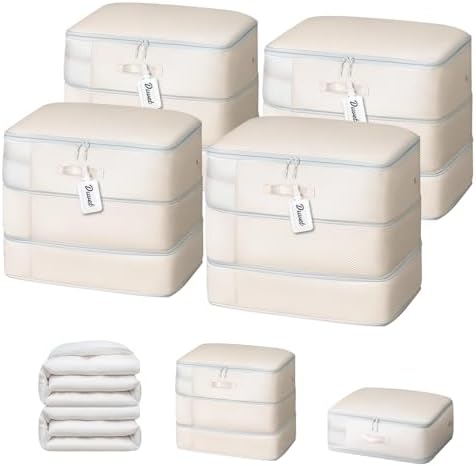 DIMJ Comforter Storage Bag - Large Capacity Ultra Space Saving Self Compression Organize for Duvet, Pillow, Bedding, Blanket Storage Organizer Nylon Compression Bags, Beige, 4 Pack by DiMJ