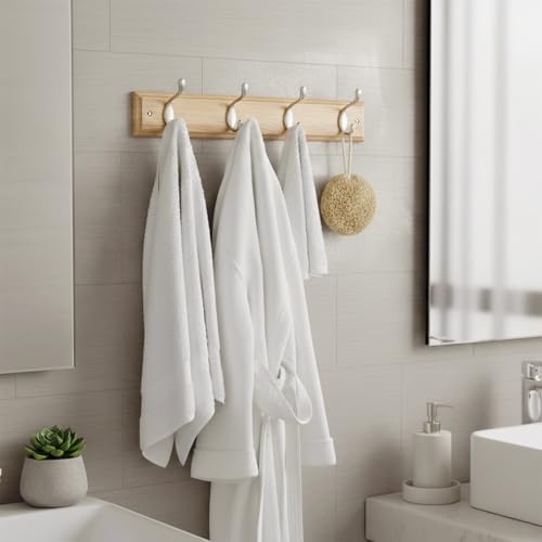 Coat Hooks Wall-Mounted | Bamboo Coat Rack with 4 Triple Zinc Alloy Hooks to Hang Hats, Jackets, Bags, Keys, Towels & More (4 Double Hook Deluxe, Pack of 1) - Image 5