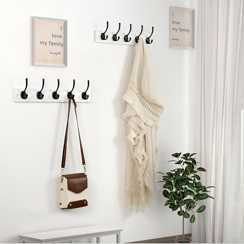 Dseap Wall Mounted Coat Rack: 16" Hole to Hole, Coat Hook Hanger with 5 Metal Hooks for Hanging Coats Towels Hats Clothes, White & Black, 2 Packs - Image 2