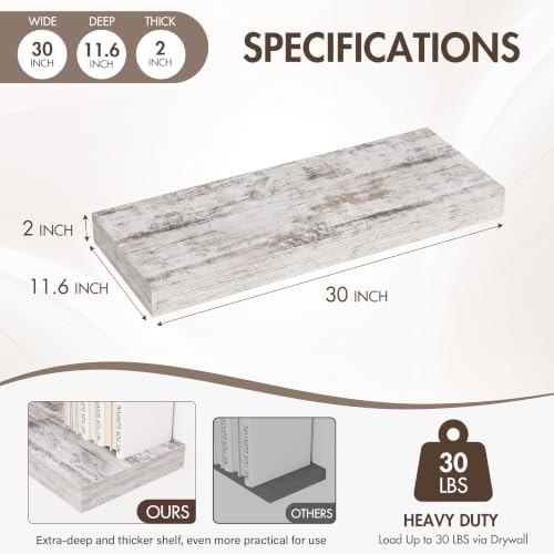 Acovy 30 Inch Floating Shelves, 12" Deep Floating Shelf Wall Mounted, 30" Wall Shelves, Rustic Deep Bookshelf, Extra Deeper & Thicker Display Shelves for Bedroom, Living Room, Set of 2 - Image 3