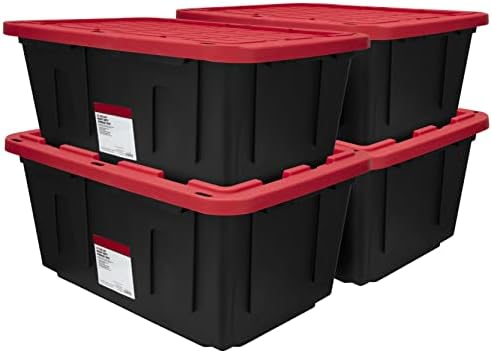 MioeDi 27 Gallon Stackable Snap Lid Plastic Storage Bin Container, Black with Red Lid, Set of 4, Black/Red by Unknown