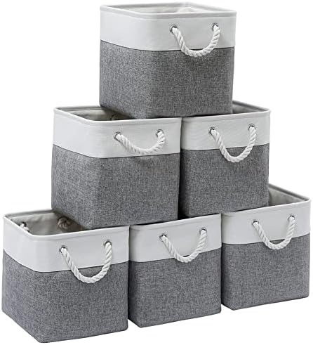 MidmmVick 11 x 11 Inch Cube Storage Bins, 6 Pack Large Collapsible Fabric Storage Bin with Ropes, Foldable Storage Cubes for Home, Office,Closet, Clothes, Toys Organizer (White & Grey-11"x11"x11") by Midmmvick