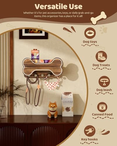 MTERSN Dog Leash Holder for Wall with Key Hooks for Dog Gear Storage, Brown - Image 5