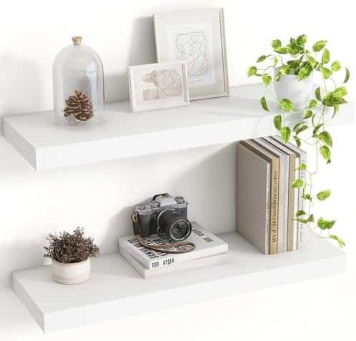 Acovy 24 Inch Floating Shelves, 8 Inch Deep Floating Shelves for Wall, Hanging Shelf with Invisible Brackets, Deep Shelves for Bathroom, Bedroom, Living Room, White, Set of 2 by Acovy