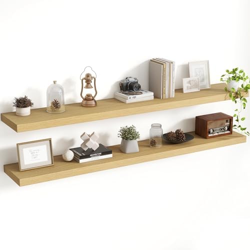 Acovy 55 Inch Floating Shelves, 8 Inch Deep Floating Shelves for Wall, Hanging Shelf with Invisible Brackets, Deep Shelves for Bathroom, Bedroom, Living Room, Oak, Set of 2 by Acovy